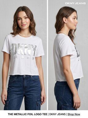 DKNY Jeans Cropped Graphic Tee Shirt White Silver Metallic Logo Size Large